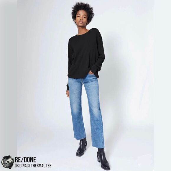 RE/DONE ORIGINALS WOMEN’S THERMAL KNIT LONG SLEEVE TEE SHIRT IN BLACK SIZE SMALL - Picture 2 of 13